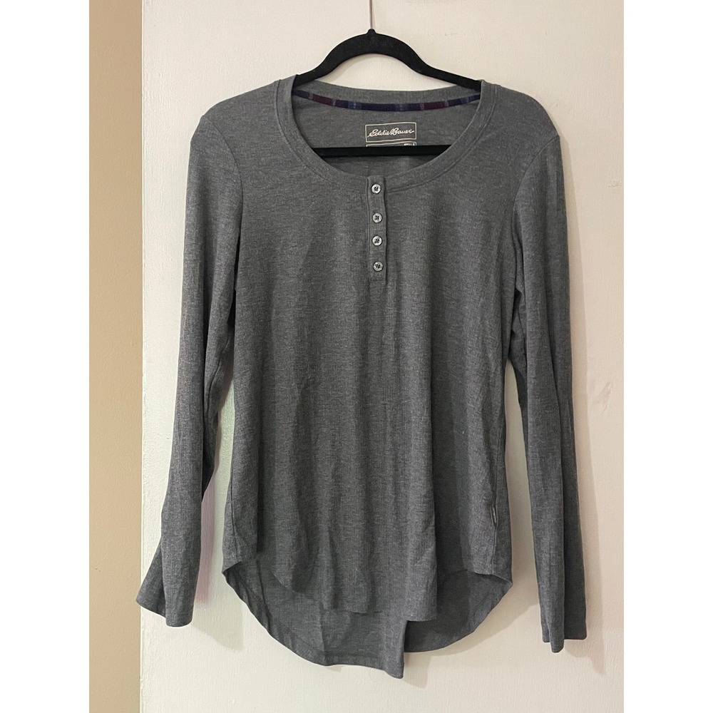 Eddie Bauer Womens Gray Heather Henley Long Sleeve Sleep Top Pajama Shirt Medium